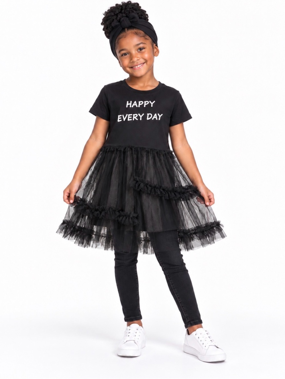 SHEIN Black Tulle Tee Dress with White 'Happy Every Day' Print